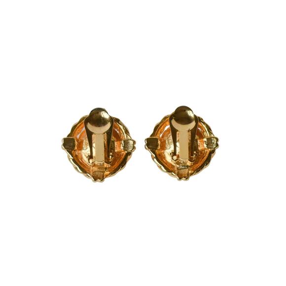 1990s Gold Plated Rope Design Round White Rivoli Rhinestones Clip On  Earrings - Picture 2 of 3